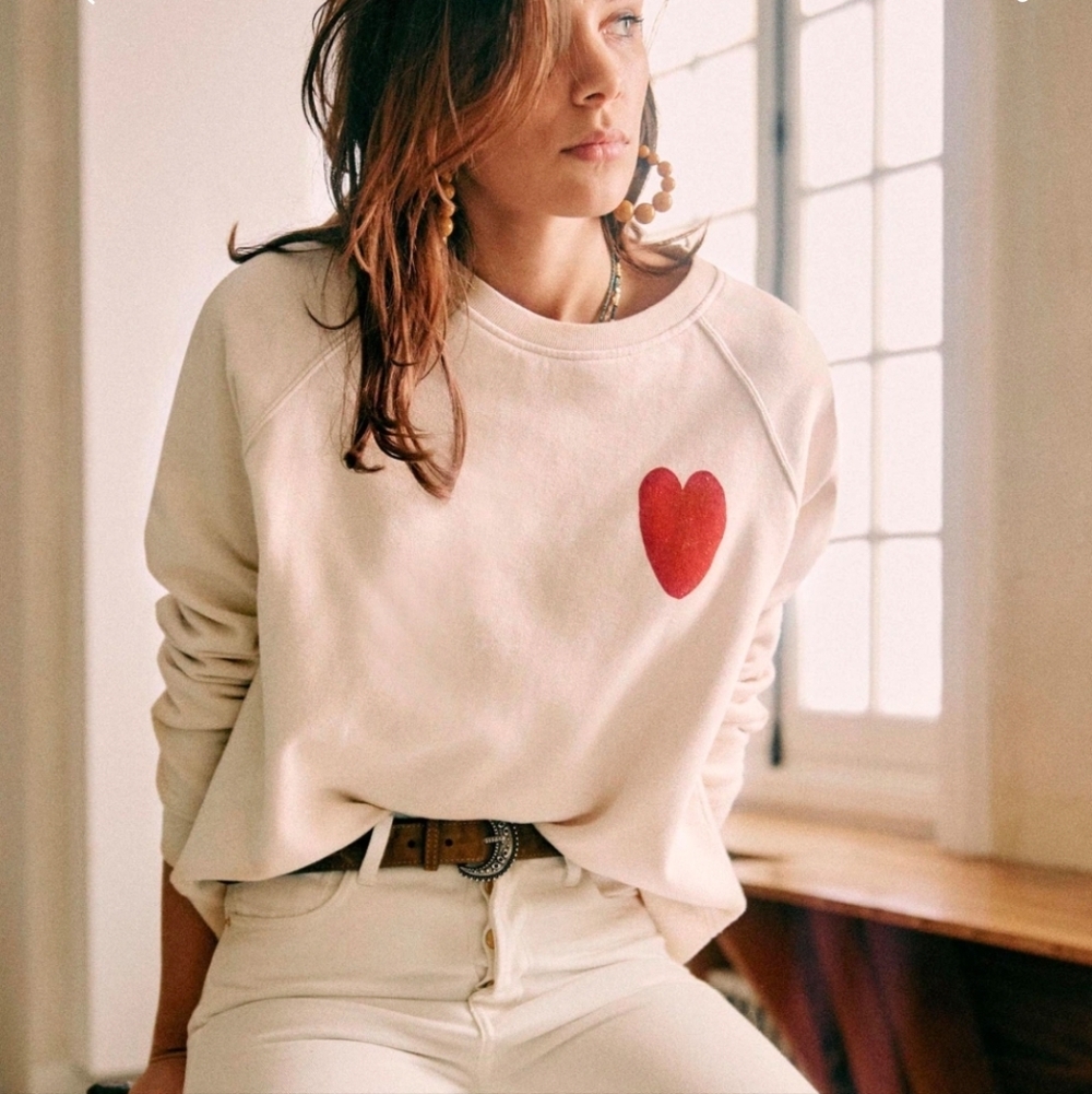 Sezane Cream Sweatshirt with Red Heart